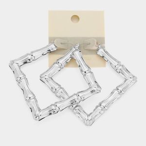Silver 14K Bamboo Doorknocker Square Earrings Trendy Fashion Accessory